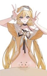 :d absurdres arms_up black_choker blonde_hair blue_eyes bottomless censored choker desk double_v drawn_ears drawn_whiskers female hair_between_eyes heavy_breathing highres long_hair looking_at_viewer michele_(strinova) mosaic_censoring navel official_alternate_costume open_mouth orange_pajamas pajamas pussy pussy_juice rubbing sidelocks single_bare_shoulder sleep_mask smile solo strinova twintails v very_long_hair yexinhan