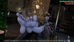 27bits boots boots_removed dialogue feet foot_fetish foot_focus foot_play massage overwatch purple_body purple_hair purple_skin soles stinky stinky_feet sweat sweaty sweaty_feet toes widowmaker yellow_eyes