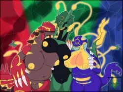 absurd_res amogus anthro breast_squish breasts cetacean delta_kazarashi deltatel dragon female femdel_(deltatel) generation_3_pokemon generation_6_pokemon genitals glowing glowing_eyes glowing_genitalia glowing_nipples groudon group group_nudity group_photo hi_res kyogre legendary_pokemon mammal marine mega_evolution mythological_creature mythological_scalie mythology nintendo nipples pokemon pokemon_(species) primal_groudon primal_kyogre primal_reversion rayquaza scalie squish trio whale