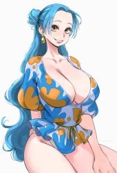 1girls adult adult_female bare_chest bare_hands bare_hips bare_legs bare_skin bare_thighs big_breasts blue_eyebrows blue_hair blue_hair_female breasts brown_eyes brown_eyes_female busty busty_female busty_girl cleavage collarbone curvaceous curvaceous_body curvaceous_female curvaceous_figure curvaceous_hips curvaceous_thighs curvy curvy_body curvy_female curvy_figure curvy_hips curvy_thighs earrings exposed_chest exposed_hips exposed_legs exposed_skin exposed_thighs female female_focus female_only groin hair_bun high_resolution highres hourglass_figure huge_breasts jerrydurd large_breasts lean_figure lips long_hair looking_at_viewer mature mature_female narrow_waist nefertari_vivi one_piece parted_bangs plump_breasts shoulders simple_background sitting slender_body slender_waist slim_waist smile smiley_face smiling smiling_at_viewer solo thick_thighs thighs upper_body white_background wide_hips