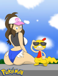 ass big_ass blue_eyes brown_hair female hilda_(pokemon) huge_breasts human igphhangout looking_back orihime_inoue8 pokemon scraggy