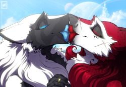 2boys 2d 2d_(artwork) 2d_artwork blue_lips blue_lipstick blue_sky castle castle_background closed_eyes crossdressing crossdressing_male day daytime digital_drawing_(artwork) digital_media_(artwork) eyeshadow furry furry_male gay gay_kiss gay_kissing gay_male hi_res holding_hands homosexual homosexual_male kissing long_hair making_out mammal non-human planet puckered_lips red_fur red_lips red_lipstick ring ring_on_finger romantic romantic_couple scar scar_on_face sergal two_tone_fur two_tone_hair walter_sache white_fur wholesome