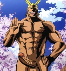 1boy all_might bara barazoku blonde_hair dhlinez edit erect_penis gay looking_at_viewer male male_focus male_only mature_male muscles muscular muscular_male my_hero_academia nude outdoor_nudity public_nudity screenshot_edit solo solo_male superhero toshinori_yagi waving_at_viewer yaoi