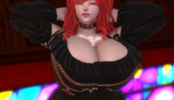 arms_behind_head arms_up bimbo bunny_ears bunny_girl chubby cleavage cleavage_dress collar final_fantasy_xiv gpose(ffxiv) huge_breasts pale_skin red_eyes red_hair suggestive viera