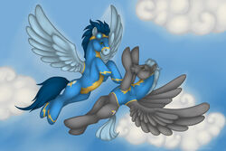 2013 2boys amber_eyes blue_fur blue_hair bottomless bulge clothing equine eyewear feral flying friendship_is_magic fur goggles green_eyes grey_fur grey_hair hair horse male male_only my_little_pony penis pony soarin_(mlp) thunderlane_(mlp) tight_clothing wiredhooves wonderbolts_(mlp)