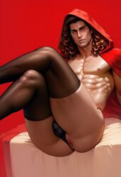 anus anus_peek ass ass big_ass big_butt black_panties black_thighhighs black_thong boy brown_hair bubble_ass bubble_butt bulge cape cloak cowl crossed_legs hazel_eyes hood looking_at_viewer male nylons panties panty_bulge plump_ass red_background red_cape red_hood red_rope round_ass round_butt sitting solo stockings tallcallipygian tcallipygian thick_thighs thigh_highs thighhighs thighs thong thong_aside underwear