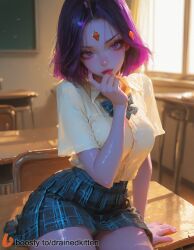 1girls ai_generated blue_bowtie blurry blurry_background bow bowtie breasts chair classroom colored_skin desk female forehead_jewel gem goth goth_girl indoors looking_at_viewer makeup panties pantyshot parted_lips plaid plaid_skirt purple_eyes purple_hair purple_skin raven_(dc) school_desk school_uniform shirt short_hair short_sleeves sitting skirt solo underwear white_panties white_shirt window
