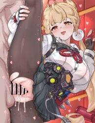 1boy :o absurdres ahe_gao alice_thymefield animal_ears bar_censor black_skirt blonde_hair blush breasts censored cum cum_overflow daram_(shappydude) female fingerless_gloves gloves hand_on_own_leg heart heterochromia highres indoors large_breasts long_hair md5_mismatch orange_eyes pantyhose penis pleated_skirt red_eyes sex shirt skirt split standing standing_on_one_leg standing_sex standing_split straight sweat torn_clothes torn_pantyhose vaginal_penetration white_shirt zenless_zone_zero