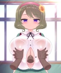 1boy animated bar_censor blush breasts brown_hair censored cleavage dark-skinned_male dark_skin female flower grabbing_another's_breast green_skirt groping hair_flower hair_ornament hairband hinako_note huge_breasts kuroyanagi_ruriko large_areolae nipples no_bra open_clothes open_shirt paizuri perpendicular_paizuri pink_hairband purple_eyes shirt short_hair skirt straight tagme tarankobu tarankobu_(tako_ranbu) unbuttoned unbuttoned_shirt video wet wet_clothes wet_shirt white_shirt