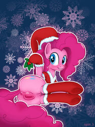 1girls anus ass blue_background blue_eyes christmas christmas_outfit clothing curly_hair cutie_mark equine eyelashes female feral fluffy_tail footwear friendship_is_magic fur_trim gloves happy happy_female hat hips holding_object hooves horse labia legs legs_together lip_biting long_hair looking_at_viewer looking_back lying mistletoe mittens my_little_pony on_side pink_body pink_hair pinkie_pie_(mlp) pony pussy red_clothing santa_hat smile smiling snowflake snowflake_pattern solo syoee_b tail thick_thighs thighs