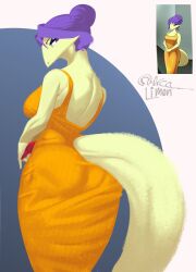 animal_tail ass ass ass_focus back_view big_ass big_breasts big_butt big_thighs butt_focus character_request clothing curvaceous curvaceous_female curvaceous_figure curvy curvy_figure curvy_hips down_view female female_focus female_only looking_at_viewer orca_limon purple_hair reference_image short_hair yellow_skin