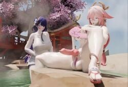 1futa 1girls 3d animated balls bansimp canine_penis female futanari genshin_impact hot_spring hoyoverse huge_balls intersex mihoyo mp4 no_sound pink_hair purple_hair raiden_shogun steamy tagme testicles_clench video yae_miko