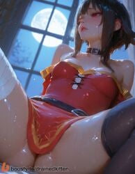 1girls ai_generated bandaged_leg bare_shoulders blush collar dress female megumin moon night red_eyes short_hair single_thighhigh sitting small_breasts solo spread_legs sweat thighhighs wet