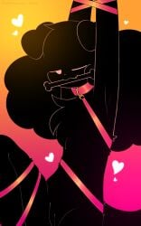 ambiguous_gender anthro arms_tied bone bound canid canine collar female fluffy gag genitals heart_symbol hi_res leash leg_tied looking_at_viewer mammal puppysnackz puppysnackz_(character) pussy raised_leg solo vulva