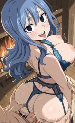 1boy ai_generated anus ass ass_grab bar_censor black_legwear blue_bra blue_eyes blue_hair blue_panties blush bra bra_pull breasts censored clothed_female_nude_male fairy_tail female garter_belt groping happy_sex indoors juvia_lockser lace lace-trimmed_bra large_breasts lingerie long_hair looking_back nipples open_mouth panties panties_aside penis phibsai pussy saliva sex sex_from_behind solo_focus straight sweat thighhighs tongue tongue_out underwear underwear_only vaginal_penetration