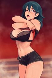 1girls 2025 absurdres artist_name blue_eyes blue_hair breasts byleth_(fire_emblem) byleth_(fire_emblem)_(female) cleavage female female_only fire_emblem fire_emblem:_three_houses highres large_breasts light-skinned_female light_skin lingerie navel nintendo open_mouth raichiyo33 sauna short_shorts shorts steam sweat undressing watermark