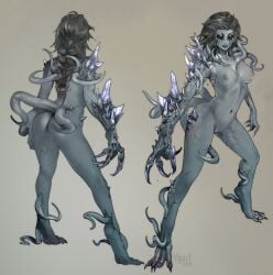 4_fingers 4_toes absurd_res areola ass belly black_hair breasts claws crystal digitigrade eldritch_abomination feet female fingers front_view genitals grey_body grey_eyes grey_skin hair hi_res humanoid kiguri monster monstrous_humanoid mutation navel not_furry nude ponytail rear_view simple_background solo tentacle teratophilia toes vulva