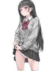 1girls absurdres black_eyes black_hair black_skirt blunt_bangs bow bowtie buttons cardigan closed_mouth clothes_lift collared_shirt commentary_request cowboy_shot crotch_seam grey_cardigan groin highres lifting_own_clothes long_hair long_sleeves looking_at_viewer miniskirt original panties pleated_skirt red_bow red_bowtie school_uniform shirt simple_background skirt skirt_lift solo standing sweat thighhighs tuubwhy underwear very_long_hair white_background white_panties white_shirt white_thighhighs