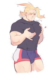1boy all_might bara barazoku black_shirt blonde_hair blush boxers closed_eyes cum_through_clothes cum_through_underwear disheveled erect_penis erection_under_clothes erection_under_clothing gay gym_shorts holding_own_breast holding_pecs male male_focus male_only muscles muscular muscular_male my_hero_academia out_of_breath pecs_under_clothes shoguru sighing solo solo_male superhero sweary sweat sweatdrop toshinori_yagi yaoi