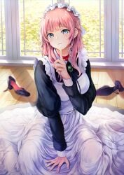 1girls apron blue_eyes blush breasts dress finger_to_mouth finger_to_own_chin frills highres impossible_clothes impossible_dress indoors large_breasts long_hair looking_at_viewer maid maid_apron maid_headdress original pink_hair shoes shushing sitting skirt sleeveless sleeveless_dress solo tokeshi unworn_shoes wariza