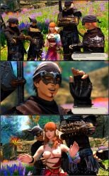 1girls 4boys au_ra bandit breasts clothes_pull clothes_removed comic comic_page female final_fantasy_xiv male warrior_of_light_(ff14)