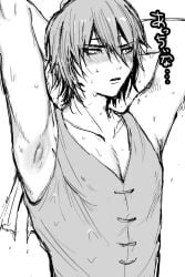 aged_down armpit_fetish armpits arms_up bishonen blush gintama hands_behind_head headband male male_only monochrome official_alternate_costume sayume solo sweat takasugi_shinsuke upper_body vest