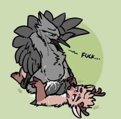 2025 after_sex aliasing anthro antlers avian beak belly big_belly bird bizr blush blush_lines bodily_fluids breasts claws clitoris cowgirl_position cum cum_in_vagina cum_inside cum_on_self deer digital_media_(artwork) dominant dominant_female duo english_text erection excessive_cum excessive_genital_fluids exhausted feathered_wings feathers featureless_breasts female forced from_front_position fur genital_fluids genitals green_eyes grey_body hand_behind_head hi_res horn inflation inflation juniper_titmouse kodin male male/female male_penetrating mammal nude on_bottom on_top open_mouth oscine passerine penetration penile penis pinned pinned_to_ground profanity rape scared semi-anthro sex simple_background smile stomach_bulge text tit_(bird) titmouse_(bird) vaginal_penetration vaginal_penetration vera_(bizr) winged_arms wings
