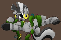 2013 anus blue_eyes blush ear_piercing equine female feral friendship_is_magic jewelry my_little_pony piercing pussy ricocake solo spread_legs spreading stripes tentacle_sex zebra zecora_(mlp)