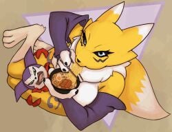 2025 animated anthro bandai_namco bird's-eye_view canid canine chopsticks clothed clothing demon digimon digimon_(species) domination/submission duo female food fox fox_tail foxxj gloves handwear high-angle_view imp impmon male mammal nipples noodles nude ramen renamon squish thigh_squish topless topless_female
