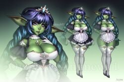 1girls apron blue_eyes blue_hair braid cleavage curvy dress female garter_straps goblin goblin_female gradient_hair green_skin hand_on_own_hip huge_breasts kolgaart large_breasts large_ears long_hair looking_at_viewer maid short_dress solo_female thick_thighs thighhighs twin_braids waist_apron white_gloves