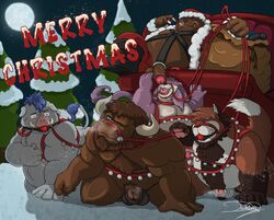 anthro ball_gag balls bear bound bovine cattle christmas dildo erection feline flaccid fur furry gag gay group harness holidays male overweight penis pig porcine precum renmuck santa_claus sled sleigh