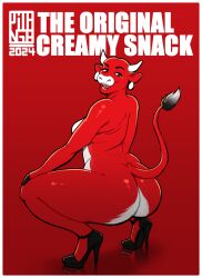 2024 anthro ass bel_group big_butt border bovid bovine breasts cattle clothing crouching ear_piercing english_text female footwear footwear_only fur gatogenerico hand_on_knee hand_on_leg hi_res high_heels horn looking_at_viewer mammal mostly_nude multicolored_body multicolored_fur nude nude_anthro nude_female open_mouth open_smile piercing red_body red_fur shoes shoes_only signature smile smiling_at_viewer solo tail text the_laughing_cow thick_thighs two_tone_body two_tone_fur white_body white_border white_fur
