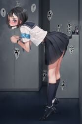 anal_beads ball_gag black_hair blush bondage bondage bound bound_wrists cuffs cuffs-to-collar female gag gagged hair_ornament hairclip highres midriff_peek murakami_suigun original panties pleated_skirt sailor_collar school_uniform serafuku sex_toy short_hair skirt socks solo underwear wiffle_gag