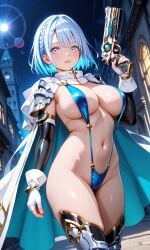 big_breasts bikini blue_eyes blue_hair breasts clothing_cutout competition_swimsuit dreizehn_(shadowverse) female highres lying male on_back one-piece_swimsuit rcos sex shadowverse short_hair side_cutout sling_bikini slingshot_swimsuit straight string_bikini swimsuit taianko3809 thighhighs thighs