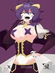 breasts breasts_out female female_only half-dressed hiiragi_utena irene_coreas light-skinned_female light_skin magia_baiser mahou_shoujo_ni_akogarete nipple_pasties pale-skinned_female pale_skin purple_background purple_hair sharp_teeth short_hair solo solo_female succsuccubus_wings succubus_horns tagme watermark yellow_eyes