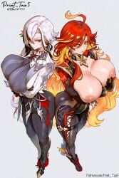 2girls ai_generated areolae arlecchino_(genshin_impact) ass big_ass big_breasts big_butt big_hips breasts breasts_out cute genshin_impact girl grey_background hi_res high_quality highres hips hoyoverse huge_ass huge_breasts huge_butt huge_hips huge_thighs mavuika_(genshin_impact) mihoyo nipples patreon_url patreon_username perfect_body print_tax5 sexy sexy_body sexy_female thick_thighs together twitter twitter_username waist watermark