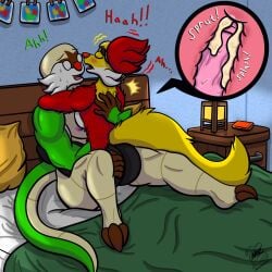 1:1 absurd_res anthro ass bed bedroom black_body black_fur blonde_hair blush bodily_fluids breast_squish breasts butt_grab chandrastone chesnaught closed_eyes cum cum_inside delphox dialogue digital_media_(artwork) duo female fur furniture generation_6_pokemon genital_fluids genitals green_body hair hand_on_butt hi_res hug inner_ear_fluff internal internal_vaginal just_my_type justin_(mrtoastsandwich) legs_around_partner luna_(chandrastone) male male/female moan motion_lines mrtoastsandwich multicolored_body multicolored_fur muscular muscular_male nintendo nipples open_mouth orgasm penis pokemon pokemon_(species) red_body romantic romantic_couple sex signature sound_effects spikes spikes_(anatomy) squish sweat sweatdrop tail tan_body tuft vaginal_fluids white_body white_fur yellow_body yellow_fur