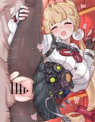 1boy :o absurdres alice_thymefield animal_ears bar_censor black_skirt blonde_hair blush breasts censored daram_(shappydude) female fingerless_gloves gloves hand_on_own_leg heart highres indoors large_breasts long_hair md5_mismatch open_mouth orange_eyes pantyhose penis pleated_skirt sex shirt skirt split spoken_heart standing standing_on_one_leg standing_sex standing_split straight sweat teeth torn_clothes torn_pantyhose upper_teeth_only vaginal_penetration white_shirt zenless_zone_zero