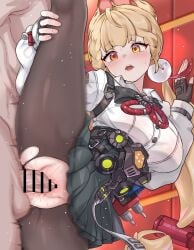 1boy :o absurdres alice_thymefield animal_ears bar_censor black_skirt blonde_hair blush breasts censored commentary daram_(shappydude) female fingerless_gloves gloves hand_on_own_leg heart heterochromia highres indoors large_breasts large_variant_set long_hair open_mouth orange_eyes pantyhose penis pleated_skirt red_eyes revision sex shirt skirt split spoken_heart standing standing_on_one_leg standing_sex standing_split straight sweat torn_clothes torn_pantyhose vaginal_penetration variant_set white_shirt zenless_zone_zero