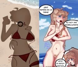 2d 2d_(artwork) alga_canvas beach beach_background big_breasts bikini blue_eyes blush breasts breasts_exposed breasts_out brown_hair canine collar dog_ears dog_girl exhibitionism flushed flustered latam_virtual_youtuber lilybell_vt long_hair nipples ocean oneeshi pigtail pubic_hair shade sky sweat thick_thighs trend vagina virtual_youtuber vtuber vtuberfanart