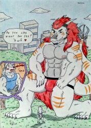 2025 2_horns 5_fingers 5_toes abs absurd_res anthro aroused aroused_by_another aroused_face aroused_male barazoku barefoot biceps big_muscles big_pecs blade blood blue_clothing blue_shirt blue_tank_top blue_topwear blush blush_lines bodily_fluids bottomwear bruno_o_donnell building bulge bulging_eyes canid canine canis chin_horn city city_background cityscape claws clothed clothing colored_pencil_(artwork) dashthefox detailed detailed_background dialogue dragon english_text erection facial_horn feet fingers fur hair hi_res horn humanoid_feet jockstrap jockstrap_bulge jockstrap_only long_hair macro macro_anthro macro_male male mammal manly muscular muscular_anthro muscular_arms muscular_male mythological_creature mythological_scalie mythology nipples nosebleed omg orange_stripes outside park pecs pink_nipples plantigrade purple_eyes red_clothing red_hair red_jockstrap red_underwear scalie shirt smile speech_bubble stripes surprised_expression tail tail_blade tank_top teeth text thick_tail toes topless topwear traditional_media_(artwork) underwear underwear_only weapon_tail white_body white_fur white_hair wolf
