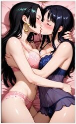 2girls ai_generated boa_hancock girl_on_girl lesbian_couple lesbian_domination lesbian_focus lesbian_kiss lesbian_sex nico_robin one_eye_closed yuri yuri yuri