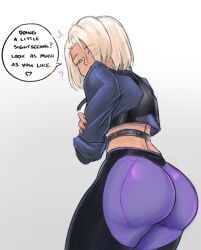 1girls ? arms_crossed ass ass_focus back_view big_ass big_butt blonde_hair bubble_ass bubble_butt caught caught_staring clothed clothed_female curvaceous curvy curvy_female curvy_figure dialogue english_text fat_ass female female_focus female_only green_eyes hi_res high_resolution highres jacket large_ass looking_at_viewer looking_back medium_hair mocha_(yincrescent) nail_polish oc original original_character painted_nails pink_nail_polish pink_nails purple_nail_polish purple_nails rear_view simple_background solo solo_female solo_focus speech_bubble spoken_heart tagme talking_to_viewer text thick_ass thick_thighs thighs viewed_from_behind voluptuous voluptuous_female white_background yincrescent