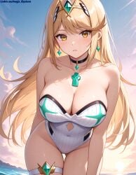 1girls absurdly_long_hair aegis_elysium afternoon ai-assisted ai-generated ai_art ai_assisted ai_generated background blush breasts breasts_bigger_than_head cleavage cloud clouds core_crystal day earrings female female_focus gem hair_ornament headpiece highres huge_breasts jewelry large_breasts light light_skin light_skinned_female long_hair masterpiece mountain mountains mythra mythra_(xenoblade) nintendo ocean outdoors perfect_body perfection sea seaside sexy sky solo_focus standing sun sunshine sunshine_light swept_bangs swimsuit thigh_strap thighs tiara very_long_hair water watermark wave waves white_swimsuit xenoblade_(series) xenoblade_chronicles_(series) xenoblade_chronicles_2