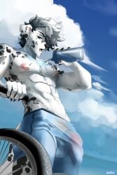 abs absurd_res anthro black_spots bottle bulge canid canine canis clothing container dalmatian domestic_dog exercise fluffy fluffy_hair fushha genitals hair half-erect half_naked hi_res male mammal muscular nipple_piercing nipples penis piercing see solo spots through_clothing water water_bottle water_on_body wet wet_clothing wheel white_body