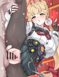 1boy :o absurdres alice_thymefield animal_ears bar_censor black_skirt blonde_hair blush breasts censored commentary daram_(shappydude) female fingerless_gloves gloves hand_on_own_leg heart heterochromia highres indoors large_breasts long_hair md5_mismatch orange_eyes pantyhose penis pleated_skirt red_eyes sex shirt skirt split standing standing_on_one_leg standing_sex standing_split straight sweat torn_clothes torn_pantyhose vaginal_penetration white_shirt zenless_zone_zero