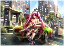 alternate_hair_color blue_eyes blush breasts car emperpep female gun hatsune_miku long_hair looking_at_viewer nipples outdoors pink_hair pussy solo tied_hair twintails uncensored vocaloid weapon wet