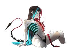 1girls black_panties bone_accessory female female_only ketrincyst legs_apart legs_spread mineshield multicolored_hair panties ribs tagme tail taped_nipples