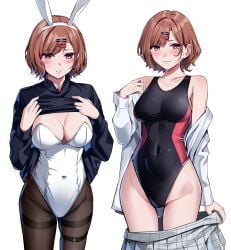 bare_shoulders belly_button_visible_through_clothing big_breasts black_one-piece_swimsuit black_pantyhose blush body_blush breasts brown_hair bunny_ears bunnysuit cleavage closed_mouth clothes_lift clothes_pull embarrassed hairpin highleg_leotard highleg_swimsuit higuchi_madoka idolmaster idolmaster_shiny_colors leotard long_sleeves mole mole_under_eye off_shoulder one-piece_swimsuit pantyhose parted_lips purple_eyes shiny_skin short_hair skirt_pull strapless_leotard sweatdrop swimsuit thighband_pantyhose thighs undressing white_leotard yoshimoto_(carpsukidayo)