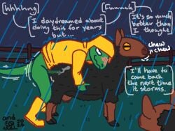 anthro bodily_fluids bovid caprine clothing coat crotch_breasts cum cum_in_vagina cum_inside duo female feral genital_fluids genitals hug hugging_another hugging_from_behind lizard male male/female male_on_feral mammal outside penis qwaxi~lixard rainboots_(qwaxi~lixard) raincoat raincoat_only reptile scalie sheep topwear zoophilia